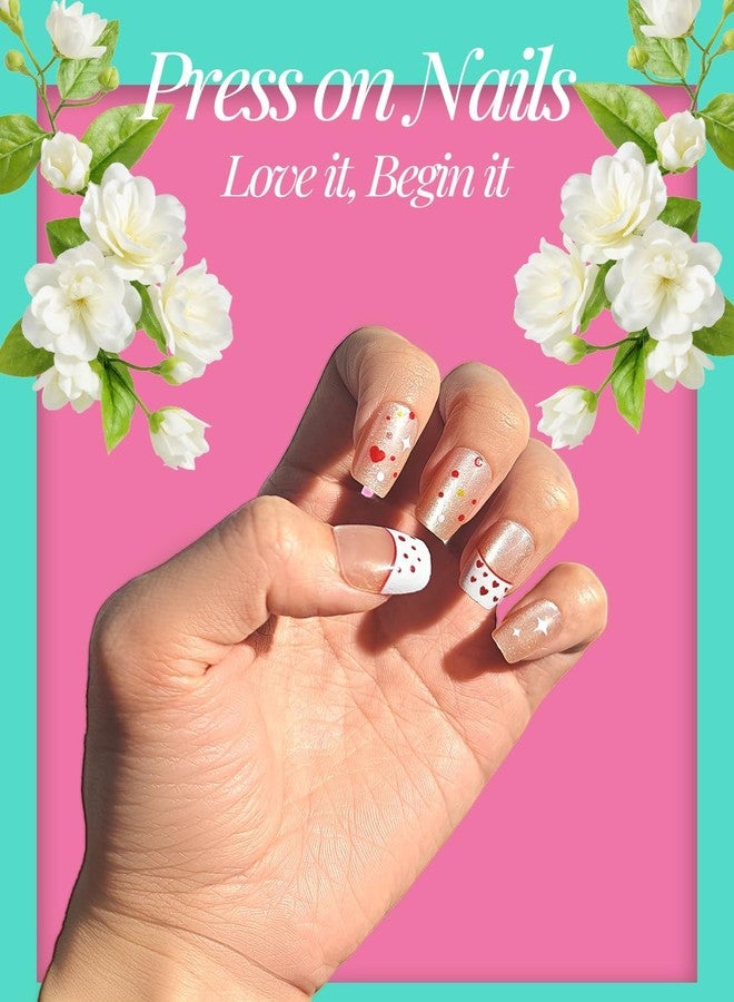 ABOLINE Cat Eye Short Round Press On Nails, Fake Nails with Designs-Colorful Flowers Beige French Tip, Glossy Gel Finish Reusable Glue On Nail, Stick on Nail for Women, 4 Style, Summer - Image 3